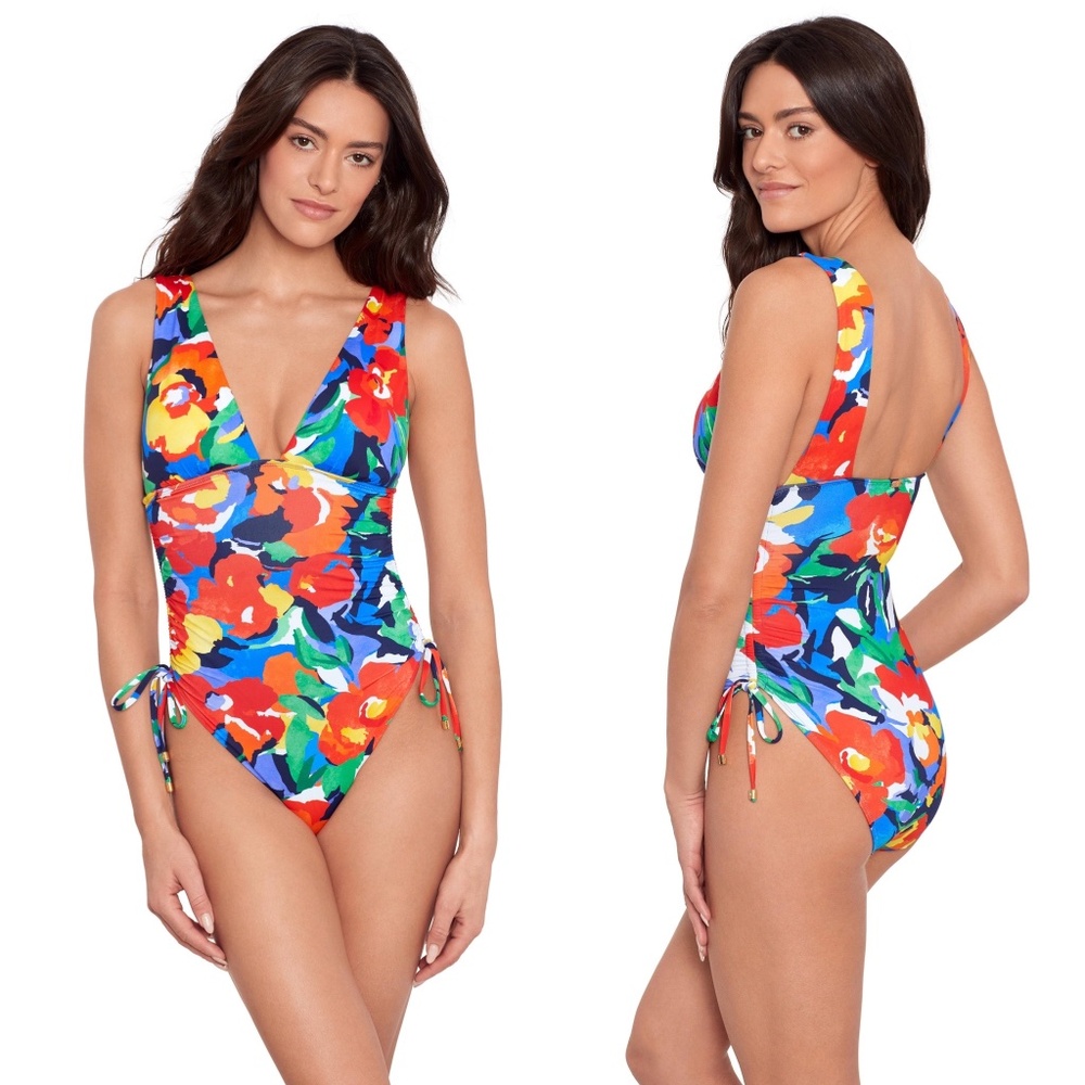 NWT Lauren Ralph Lauren Floral Shirred V-Neck One-Piece Sz14